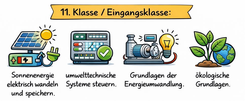 Eingangsklasse: Sonnenenergie elektrisch wandeln und speichern, umwelttechnische Systeme steuern, Grundlagen der Energieumwandlung, ökologische Grundlagen, umweltchemisches Labor, Trink- und Abwasser