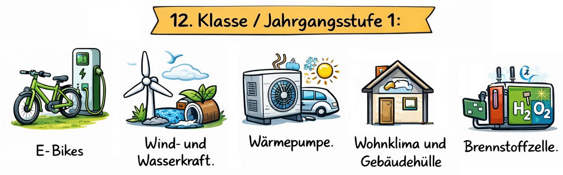Jahrgangsstufe 1: Elektromobilität, Wind- und Wasserkraft nutzen, Wärme erzeugen, die Brennstoffzelle als Energiewandler, Wohnklima und Gebäudehülle