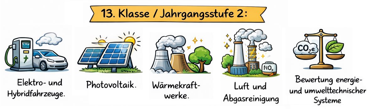 Jahrgangsstufe 2: Photovoltaik, Elektro- und Hybridfahrzeuge, Energieumwandlung in Wärmekraftwerken, Umweltbereich Luft, Abgasreinigung, Bewertung von energie- und umwelttechnischen Systemen